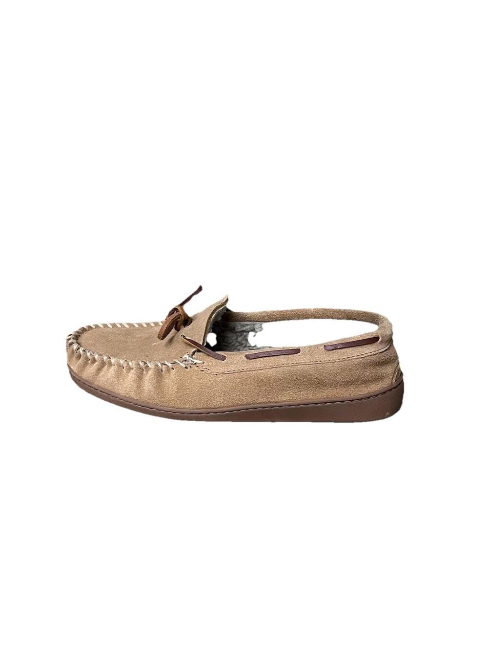 Minnetonka Brown Suede Moccasin Slippers Size 10 Mens Fleece Lined Hardsole